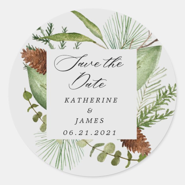winter greenery elegant save the date classic round sticker (Front)
