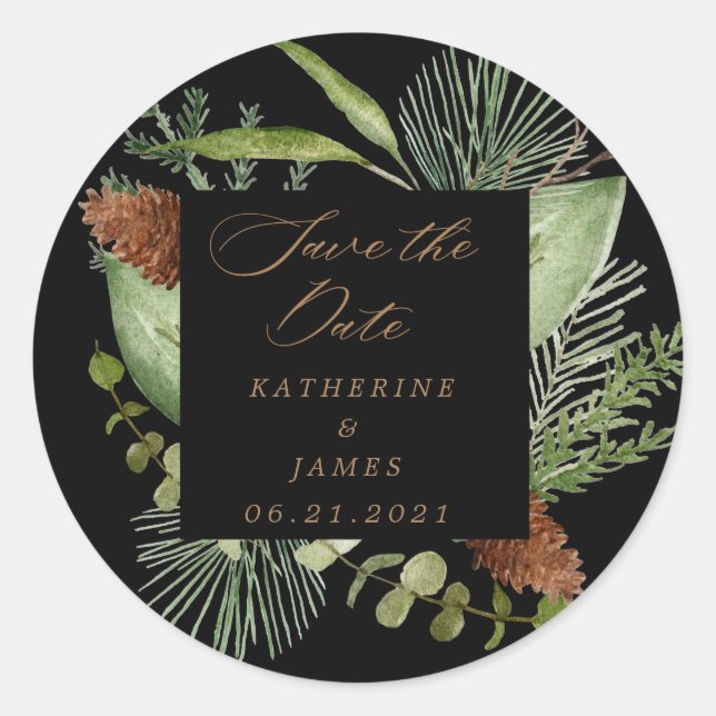 winter greenery elegant save the date classic round sticker (Front)