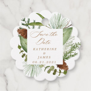 winter greenery elegant save the date favour tags