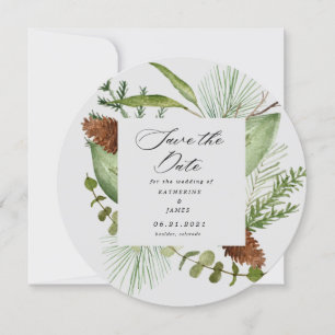 winter greenery elegant save the date photo invitation