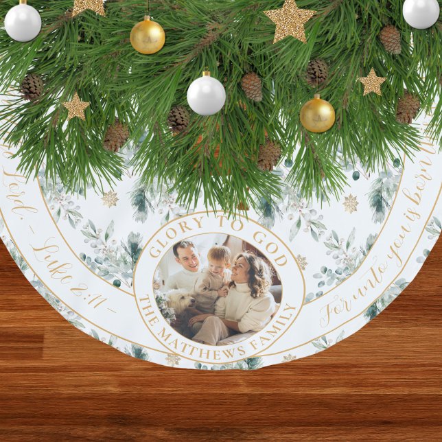 Winter Greenery Family Photo Religious Christmas Brushed Polyester Tree Skirt (Religious Christmas tree skirt with family photo, Bible verse and winter greenery pattern)
