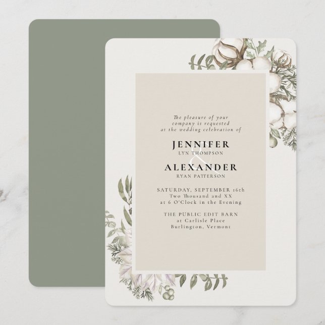 Winter Greenery Floral Green Moss Wedding Invitation (Front/Back)