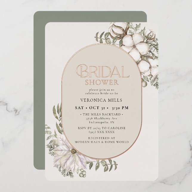 Winter Greenery Floral Green Oval Bridal Shower (Front/Back)