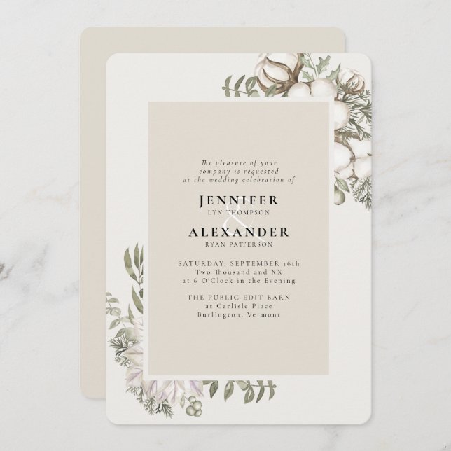 Winter Greenery Floral Ivory Cream Wedding  Invitation (Front/Back)