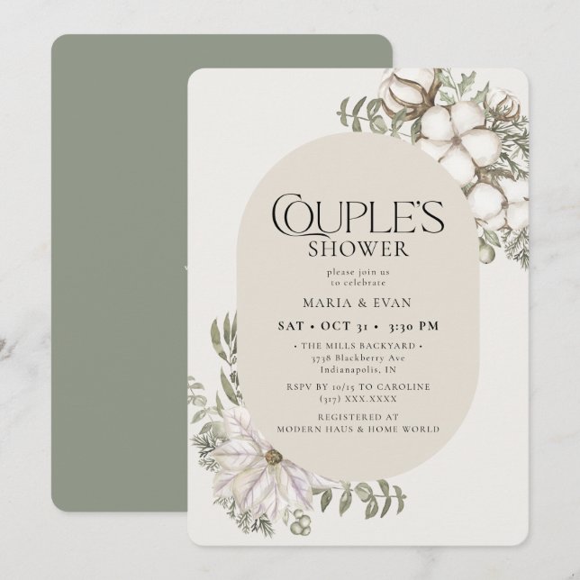 Winter Greenery Floral Oval Couple's Shower Invitation (Front/Back)