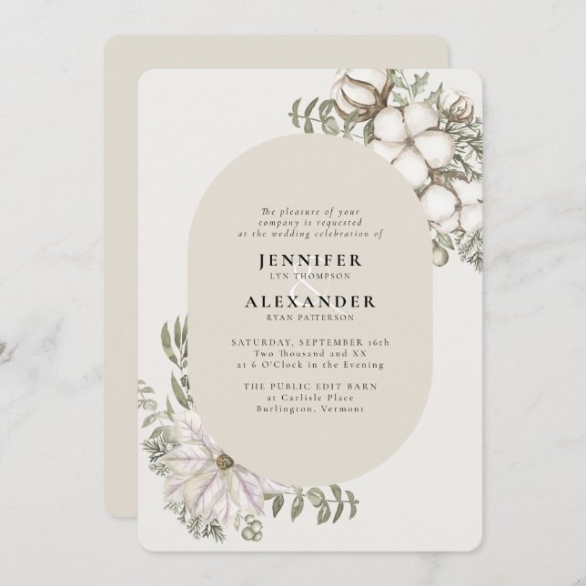 Winter Greenery Floral Oval Cream Ivory Wedding Invitation (Front/Back)