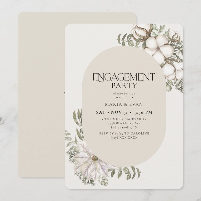 Winter Greenery Floral Oval Ivory Engagement Party Invitation (Front/Back)