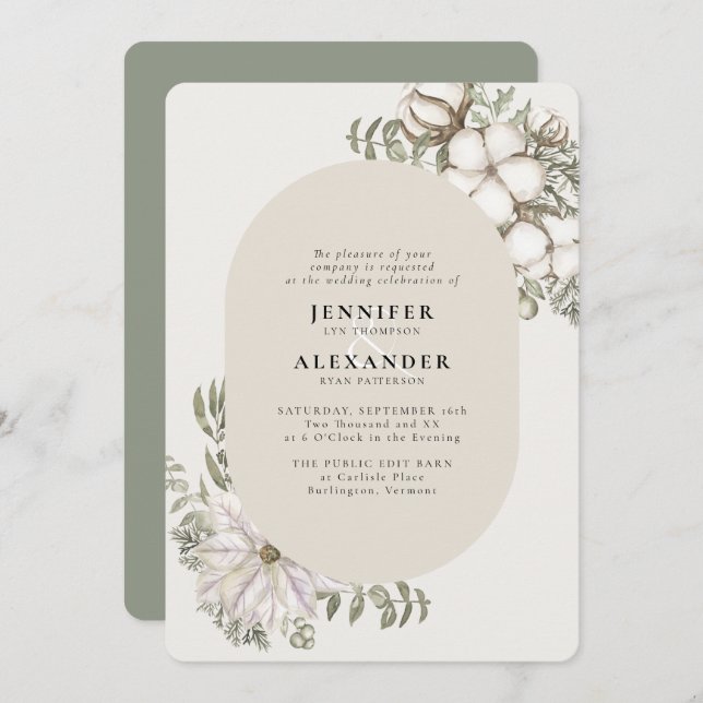 Winter Greenery Floral Oval  RSVP QR Code Wedding  Invitation (Front/Back)