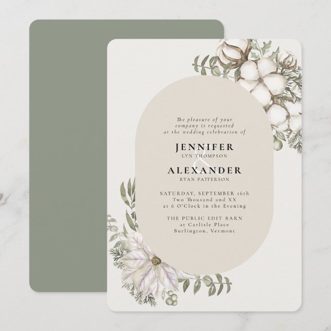Winter Greenery Floral Oval Wedding Invitation (Front/Back)