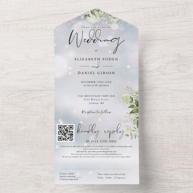 Winter Greenery Floral QR Code Wedding All In One Invitation (Inside)