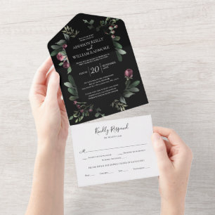 Winter Greenery Florals Black All In One Invitation