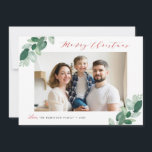 winter greenery foliage christmas  holiday card<br><div class="desc">A modern design red trendy script lettering and greenery leaves. Feel free to personalise the holiday image photo and text.</div>