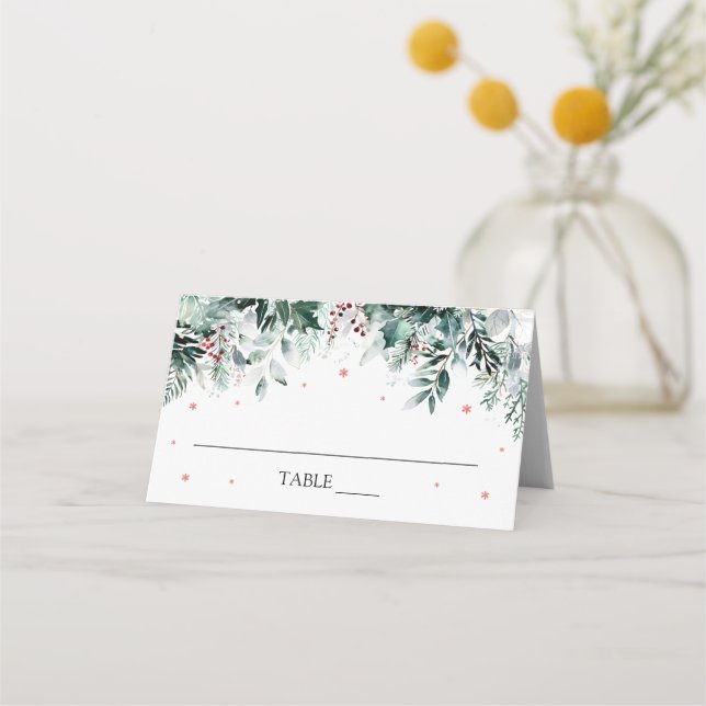 Winter Greenery Foliage Red Snowflakes Place Card (Front)