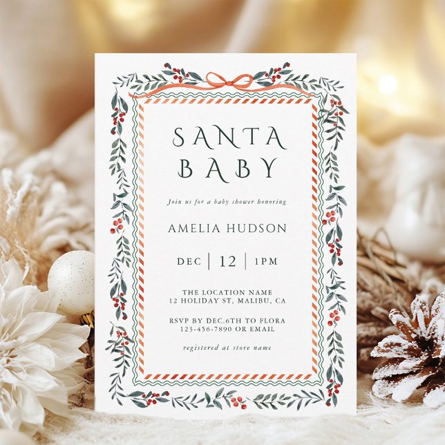 Winter Greenery Frame Santa Baby Shower            Invitation (Creator Uploaded)