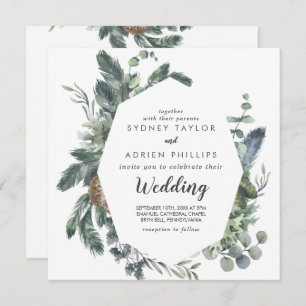 Winter Greenery Front and Back Wedding Invitation