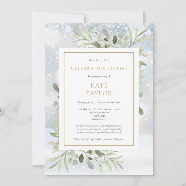 Winter Greenery Funeral Celebration of Life Invitation (Front)