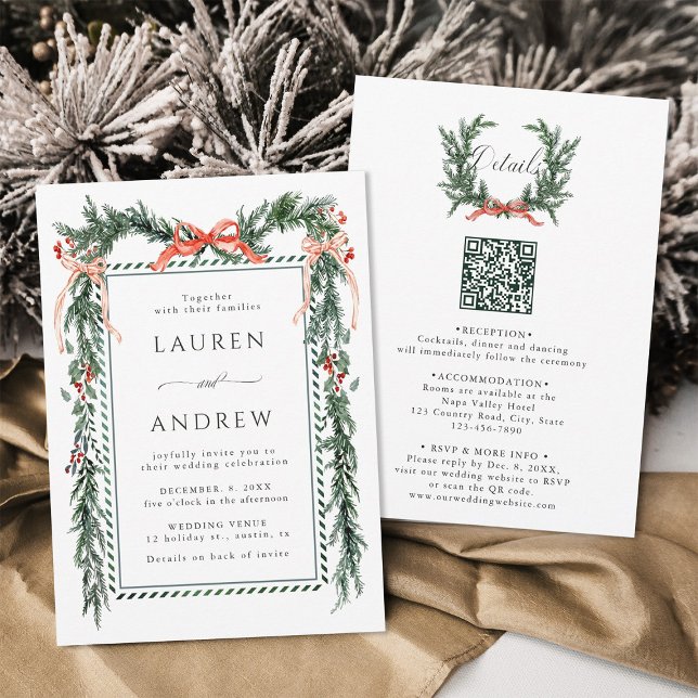 Winter Greenery Garland Wedding All in One Invitation (Front & Back)