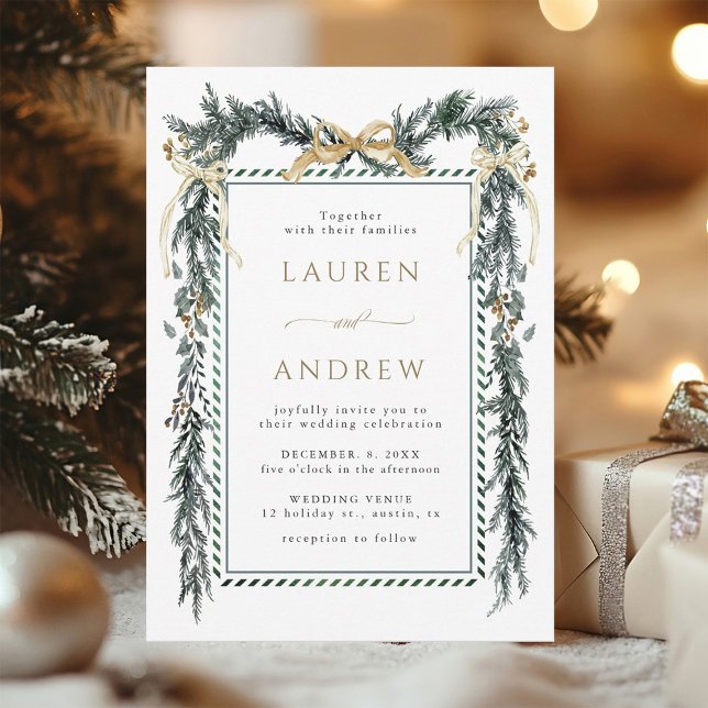 Winter Greenery Garland Wedding Gold & Green Invitation (Creator Uploaded)
