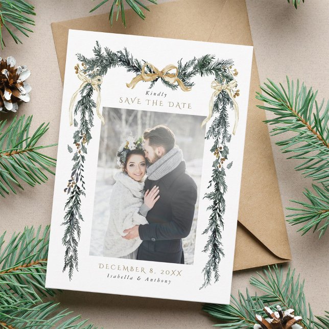 Winter Greenery Garland Wedding Photo Gold & Green Save The Date (Creator Uploaded)