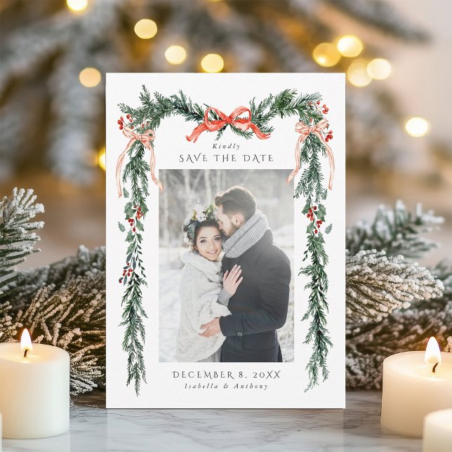 Winter Greenery Garland Wedding Photo Save The Date (Creator Uploaded)