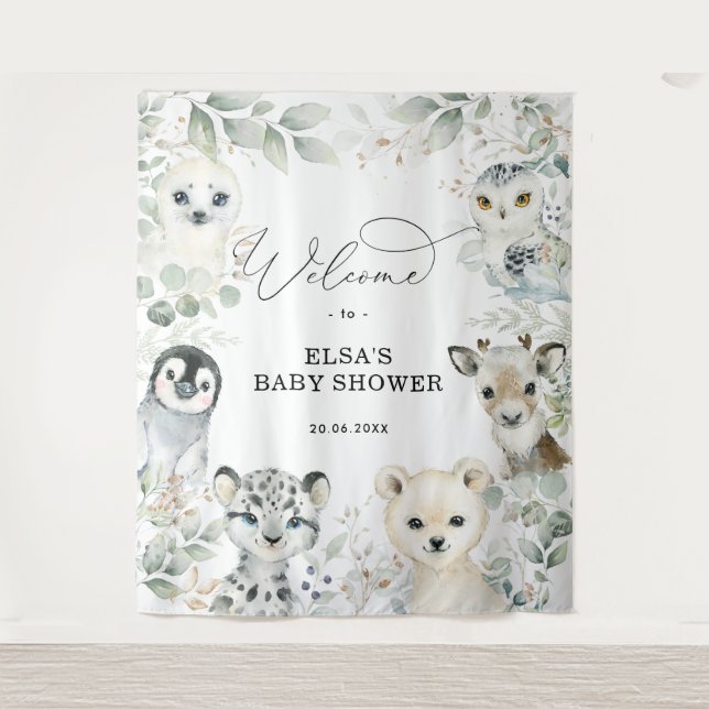 Winter Greenery Gold Arctic Animals Baby Welcome Tapestry (Front)