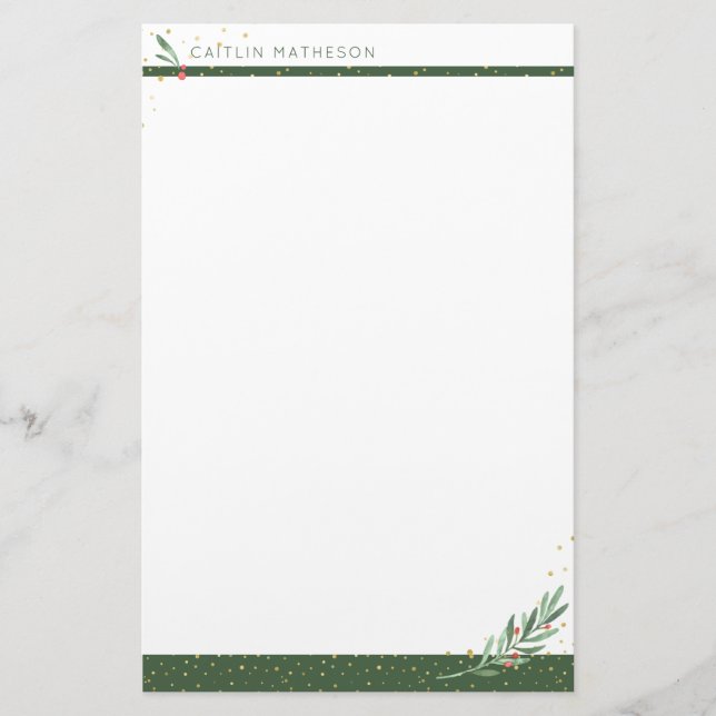 Winter Greenery + Gold Confetti Christmas Holiday Stationery (Front)
