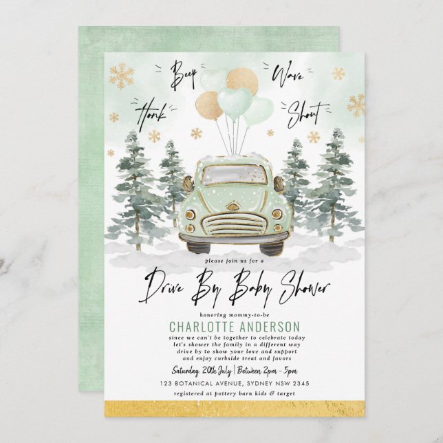 Winter Greenery Gold Drive By Baby Shower Parade Invitation (Front/Back)