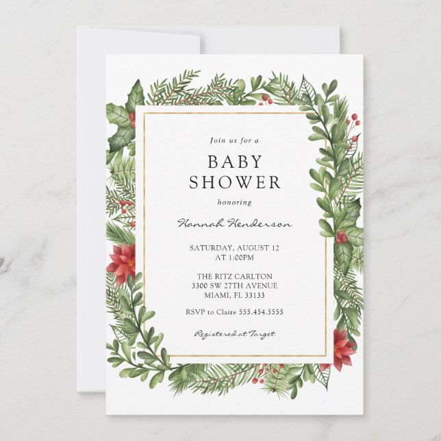 Winter Greenery Gold Frame Baby Shower Invitation (Front)