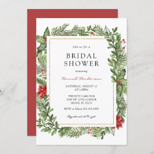 Winter Greenery Gold Frame Bridal Shower Invitation