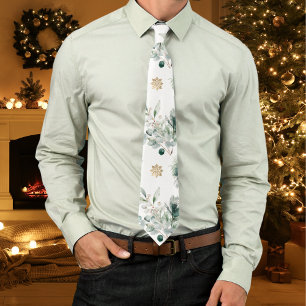 Winter Greenery Gold Snowflakes Christmas Tie