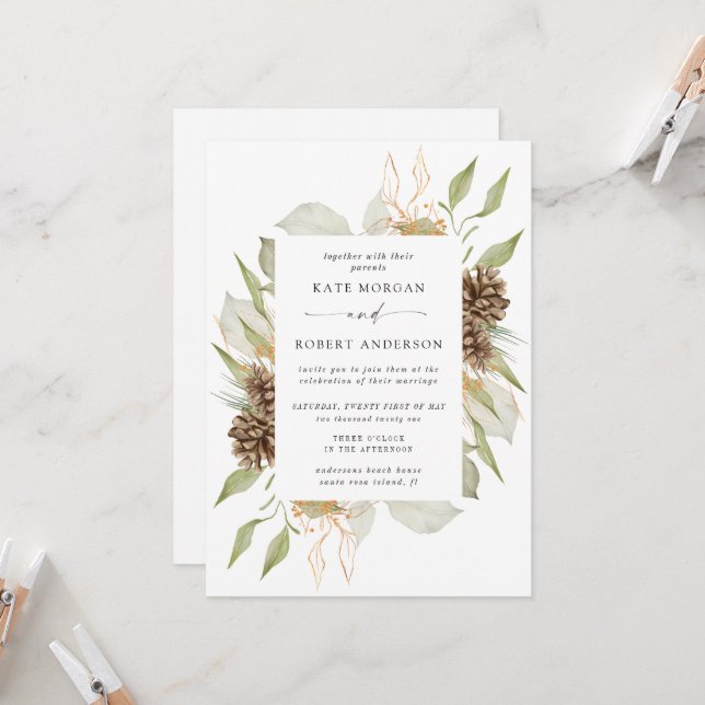 Winter Greenery Golden Elegant Wedding Invite (Front/Back In Situ)