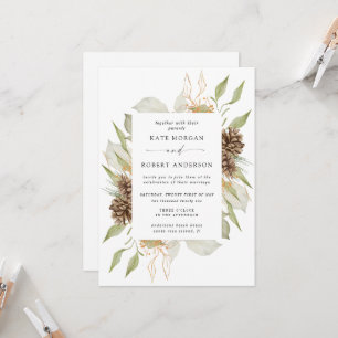 Winter Greenery Golden Elegant Wedding Invite