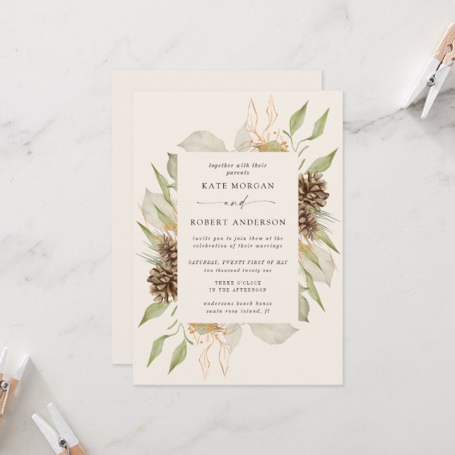 Winter Greenery Golden Elegant Wedding Invite (Front/Back In Situ)