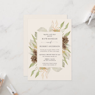 Winter Greenery Golden Elegant Wedding Invite