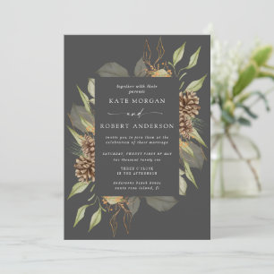 Winter Greenery Golden Elegant Wedding Invite