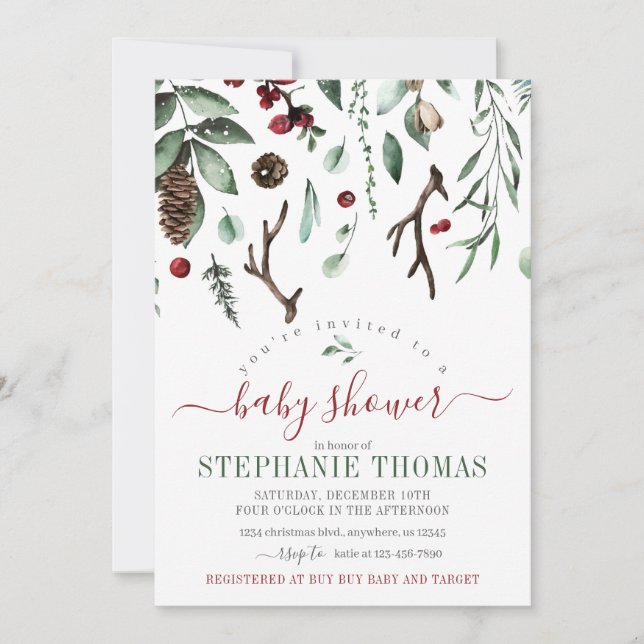 Winter Greenery Holiday Baby Shower Invitation (Front)