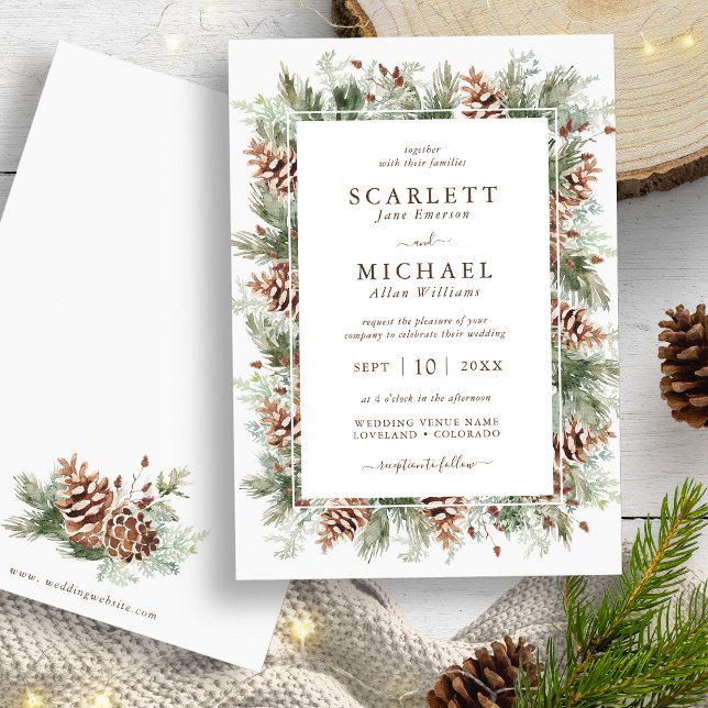 Winter Greenery Holiday Wedding Invitation (Winter Mountain Pine Greenery Holiday Wedding Invitation by Painted Paperie
)
