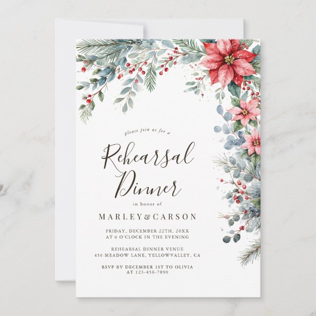 Winter Greenery Holiday Wedding Rehearsal Dinner Invitation (Front)