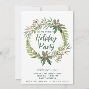 Winter greenery holly wreath Christmas party Invitation