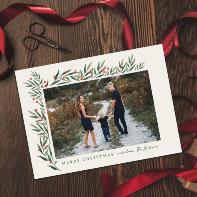 Winter Greenery Ivory Photo Christmas Holiday Card (Creator Uploaded)