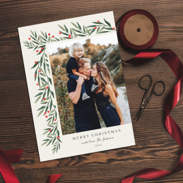 Winter Greenery Ivory Photo Christmas Petite Holiday Card (Creator Uploaded)