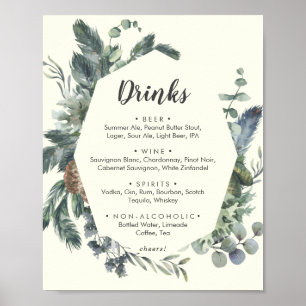 Winter Greenery   Ivory Wedding Drinks Menu Sign