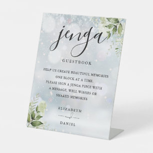 Winter Greenery Jenga Wedding Guestbook Pedestal Sign