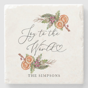 Winter Greenery Joy To The World Stone Coaster