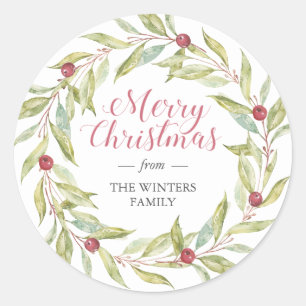 Winter Greenery Leaves Berries Wreath Christmas Classic Round Sticker