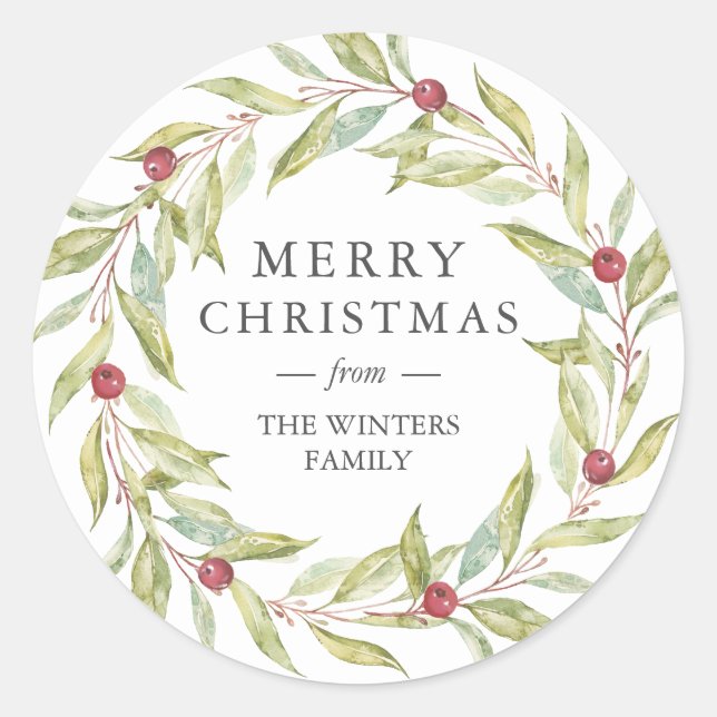 Winter Greenery Leaves Berries Wreath Christmas Classic Round Sticker (Front)
