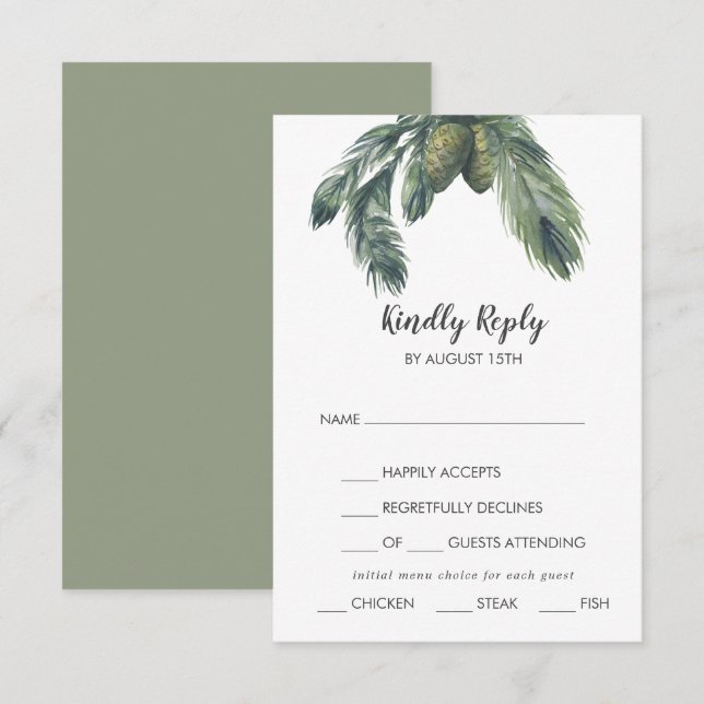 Winter Greenery Menu Choice Wedding RSVP Card (Front/Back)