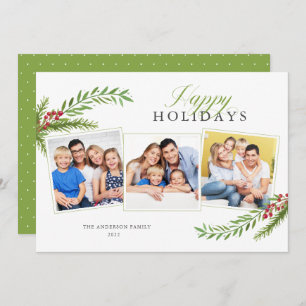 Winter Greenery Minimal 3 Photo Happy Holidays Holiday Card