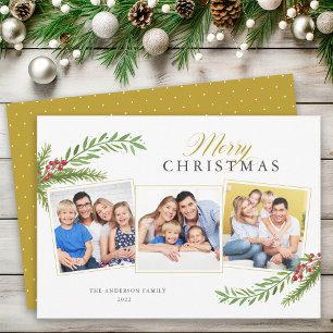 Winter Greenery Minimal 3 Photo Merry Christmas Holiday Card