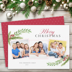 Winter Greenery Minimal 3 Photo Merry Christmas Holiday Card